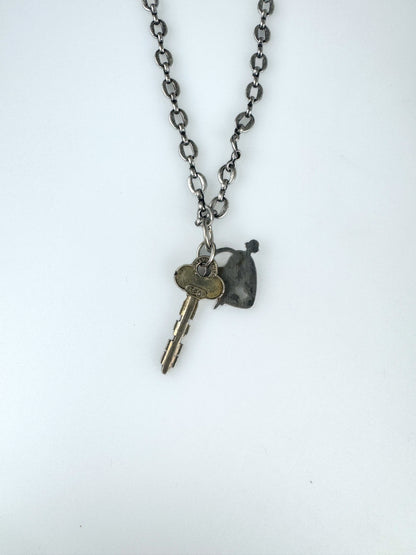 Skeleton Key Necklace - Vintage Old Stock and Antique Materials -  Collar Length 16" Silvertone Chain