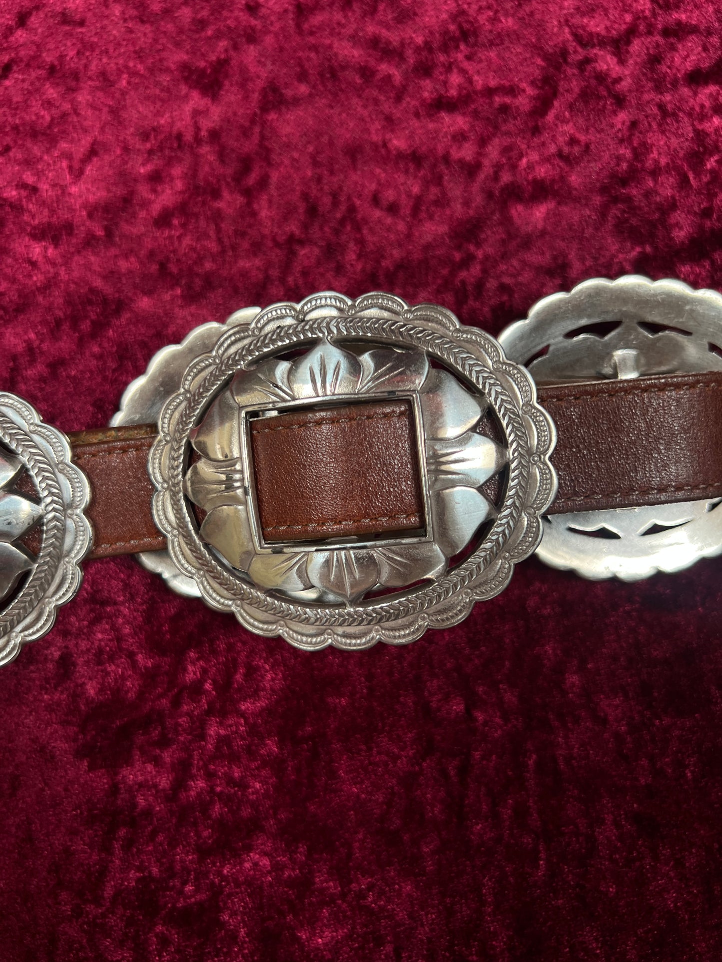 Vintage Brighton Leather Concho Belt - Silver Sunflower Western Belt USA Made - 29.5-33.5"