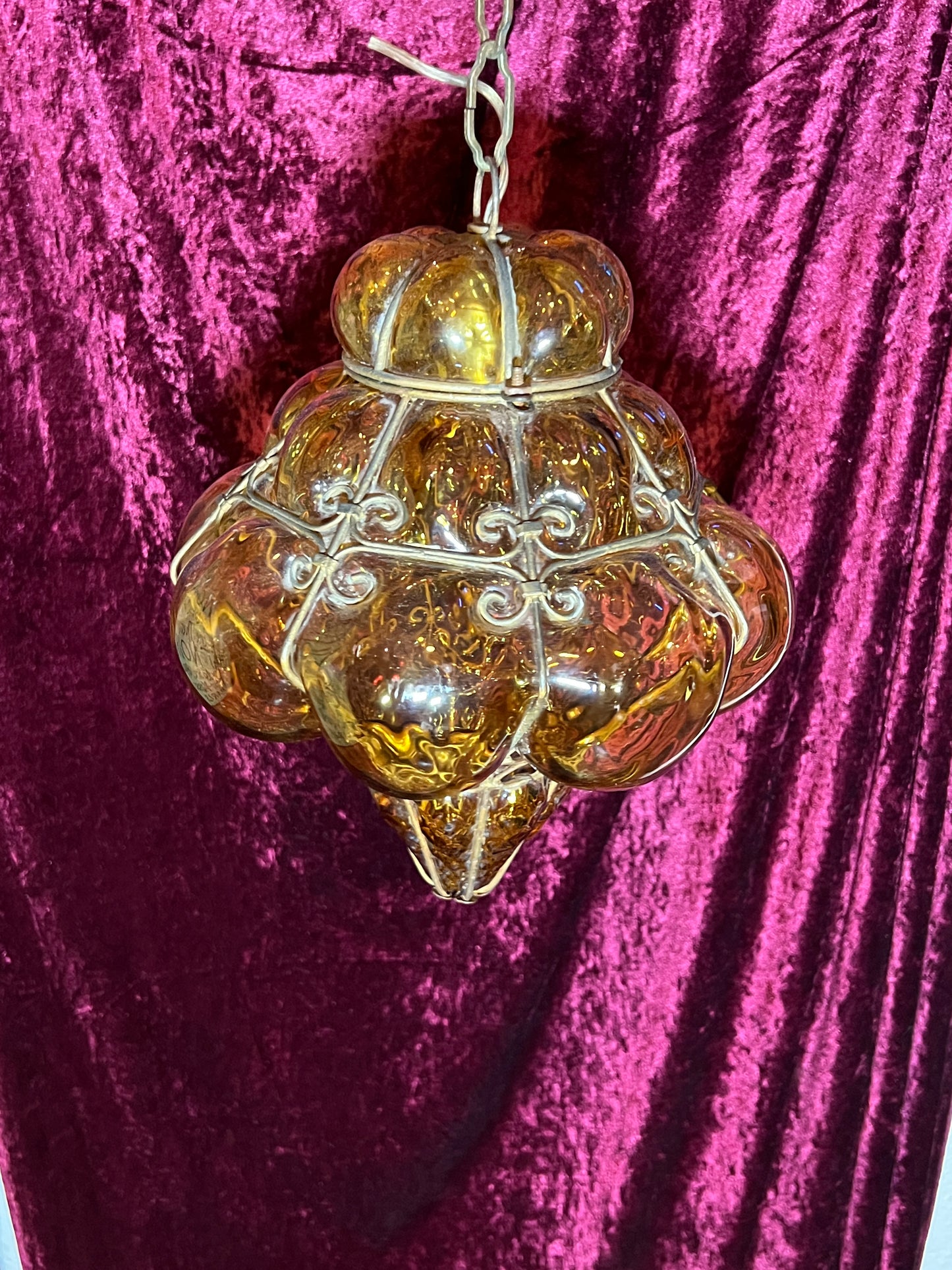 Vintage Lamp - Pendant Light - Hand Blown Caged Amber Glass - Seguso Murano