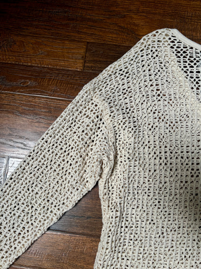 Vintage David Wayne Cotton Crochet Sweater – Ivory Open Knit Floral V-Neck – Medium