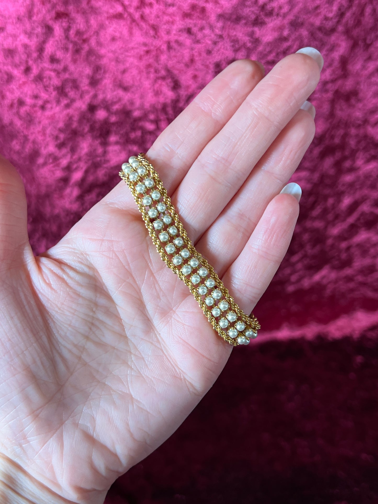 Vintage Jewelry - Multi-Strand Bracelet - Gold Tone - Dainty Faux Pearls - 7"