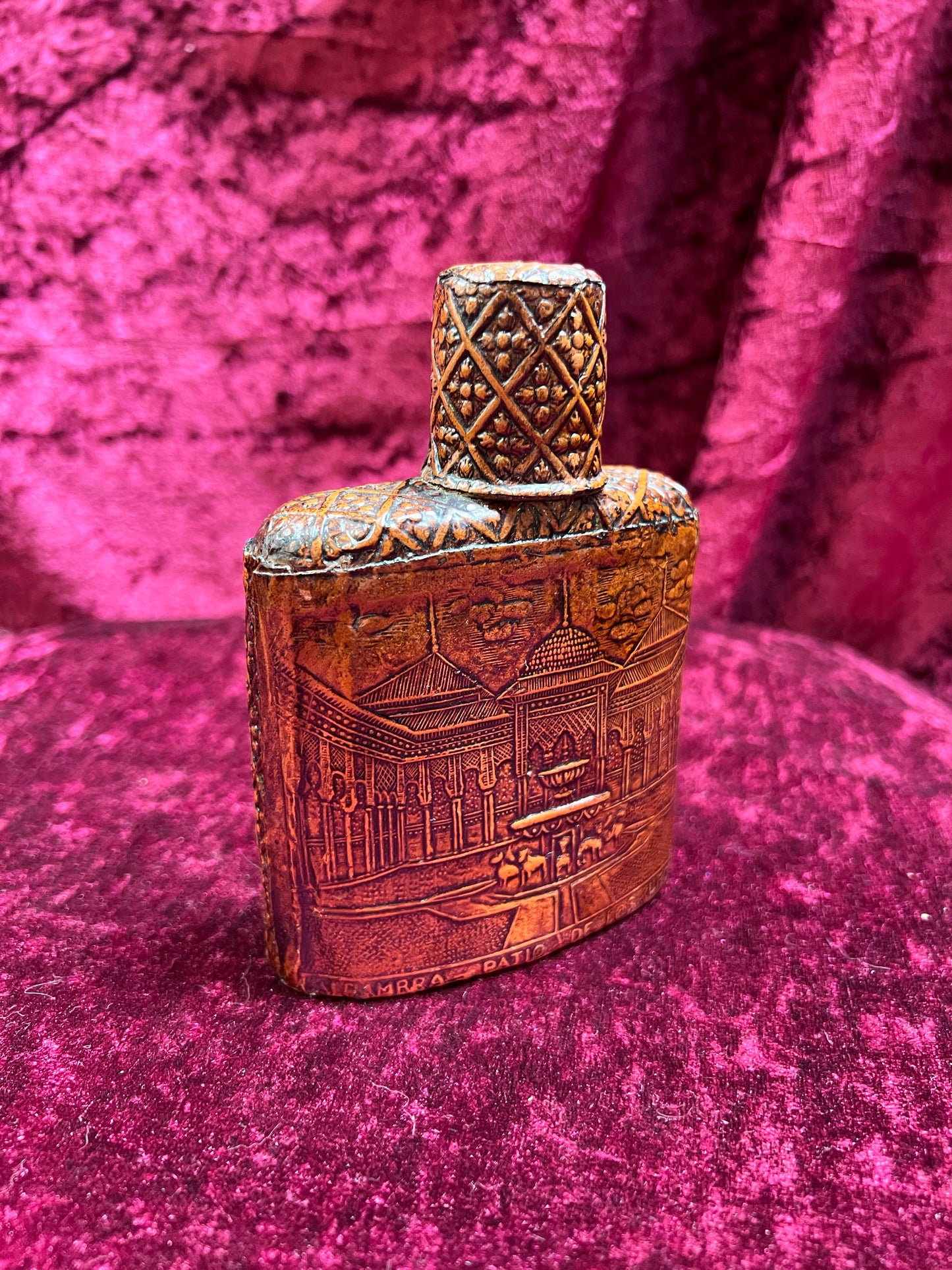 Vintage Barware - Tooled Leather Porron Decanter and Flask - Don Quixote and Patio De Los Leones