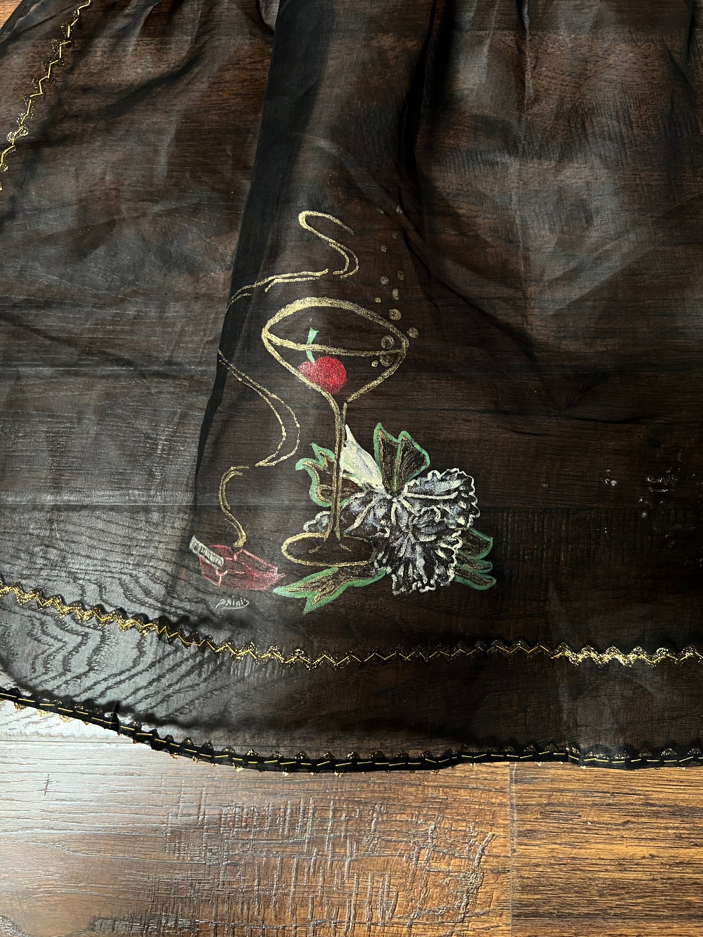 Vintage Mid Century Sheer Black Half Apron — Hand Painted Martini Cigarette with Gold Trim