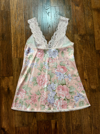 Vintage Silky Nightgown and Robe Lingerie Set - Pink Floral Print Peignoir Ensemble - Val Mode