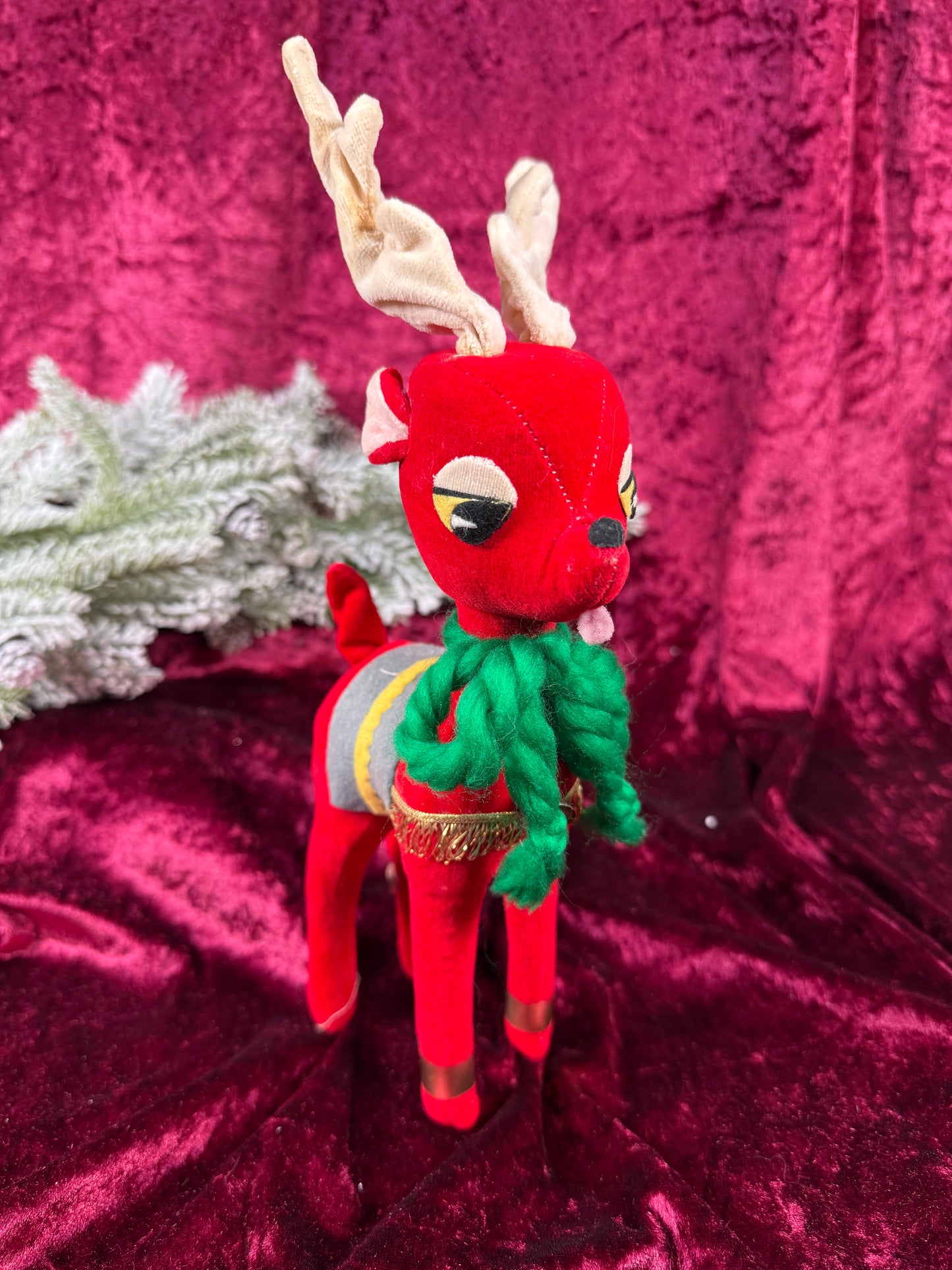 Vintage Christmas - Stuffed Doll - Red Velveteen Reindeer - Japan