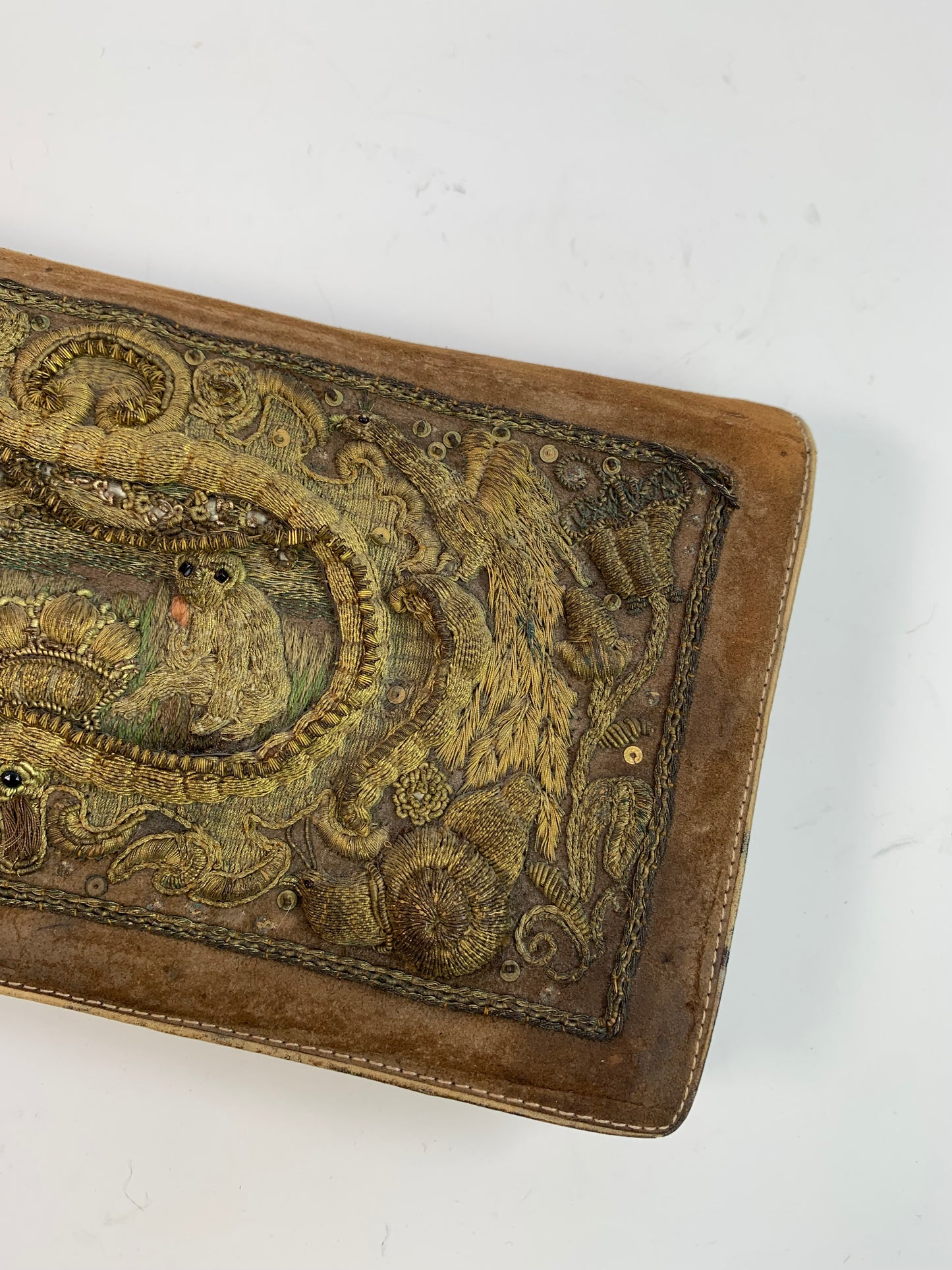 Vintage 3D Embroidered Leather Clutch - Rainforest Scene