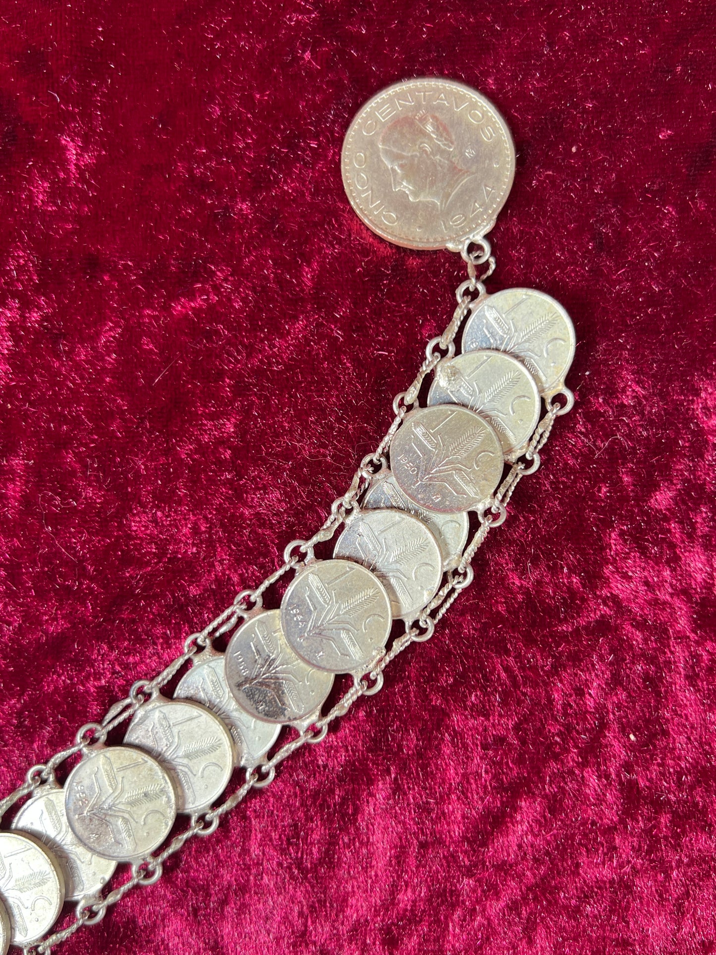 Vintage Jewelry - Coin Bracelet - Silver - Mexican Centavos - 7.75"