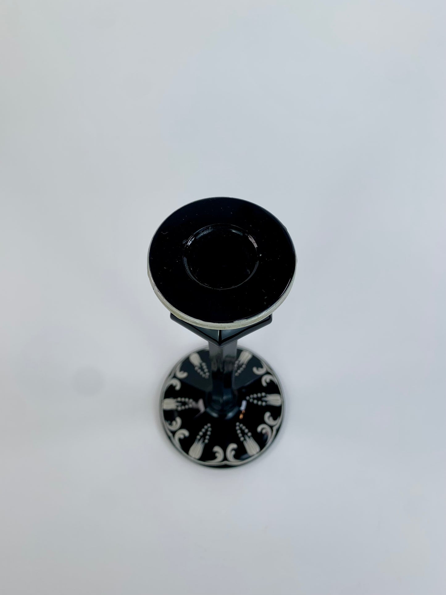 Vintage Hand Painted Black Glass Candlestick Holder - 8 1/4"