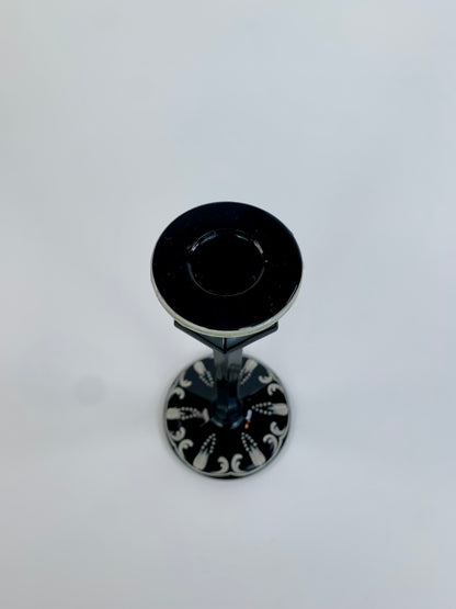 Vintage Hand Painted Black Glass Candlestick Holder - 8 1/4"