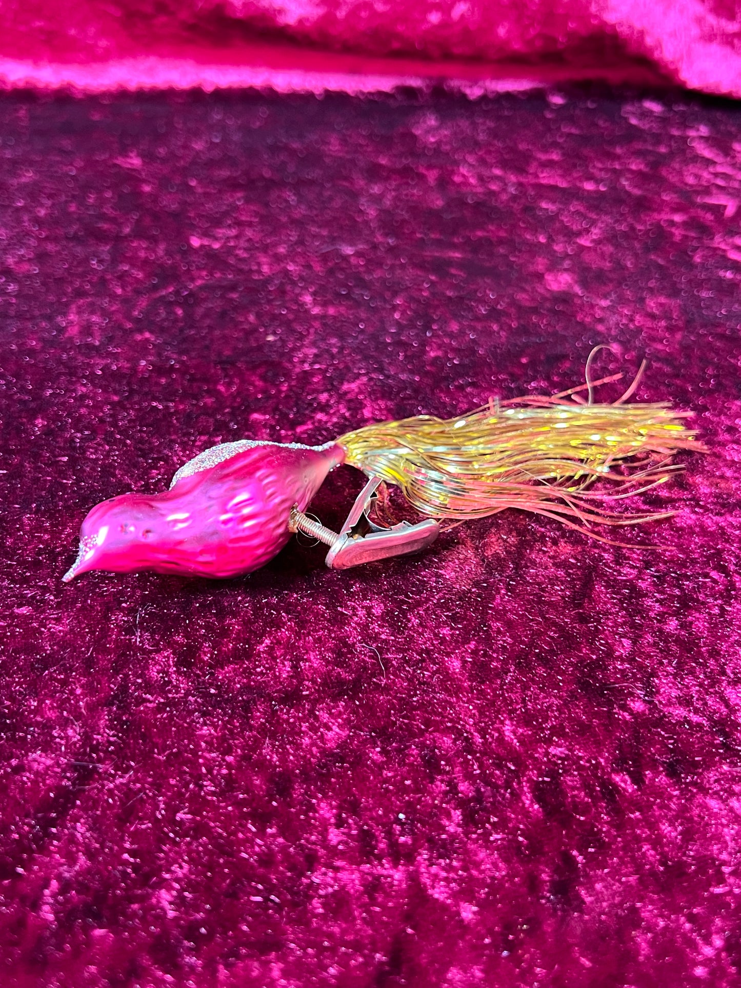 Vintage Christmas - Glass Clip-On Ornament - Burgundy Cardinal with Gold Tinsel Tail - German