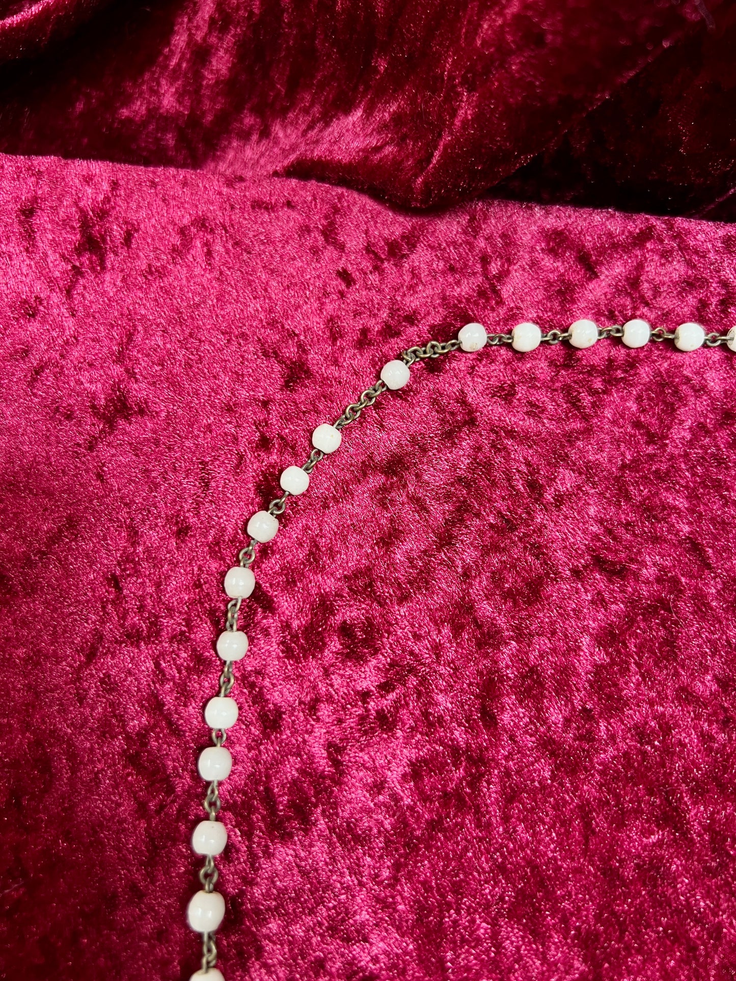 Vintage Jewelry - Italian Rosary - Shiny White Beads with Brass Tone Cross - 18"