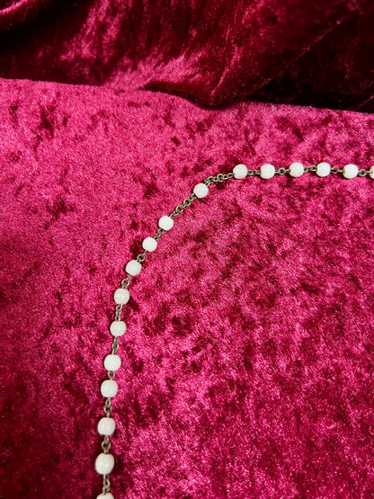 Vintage Jewelry - Italian Rosary - Shiny White Beads with Brass Tone Cross - 18"