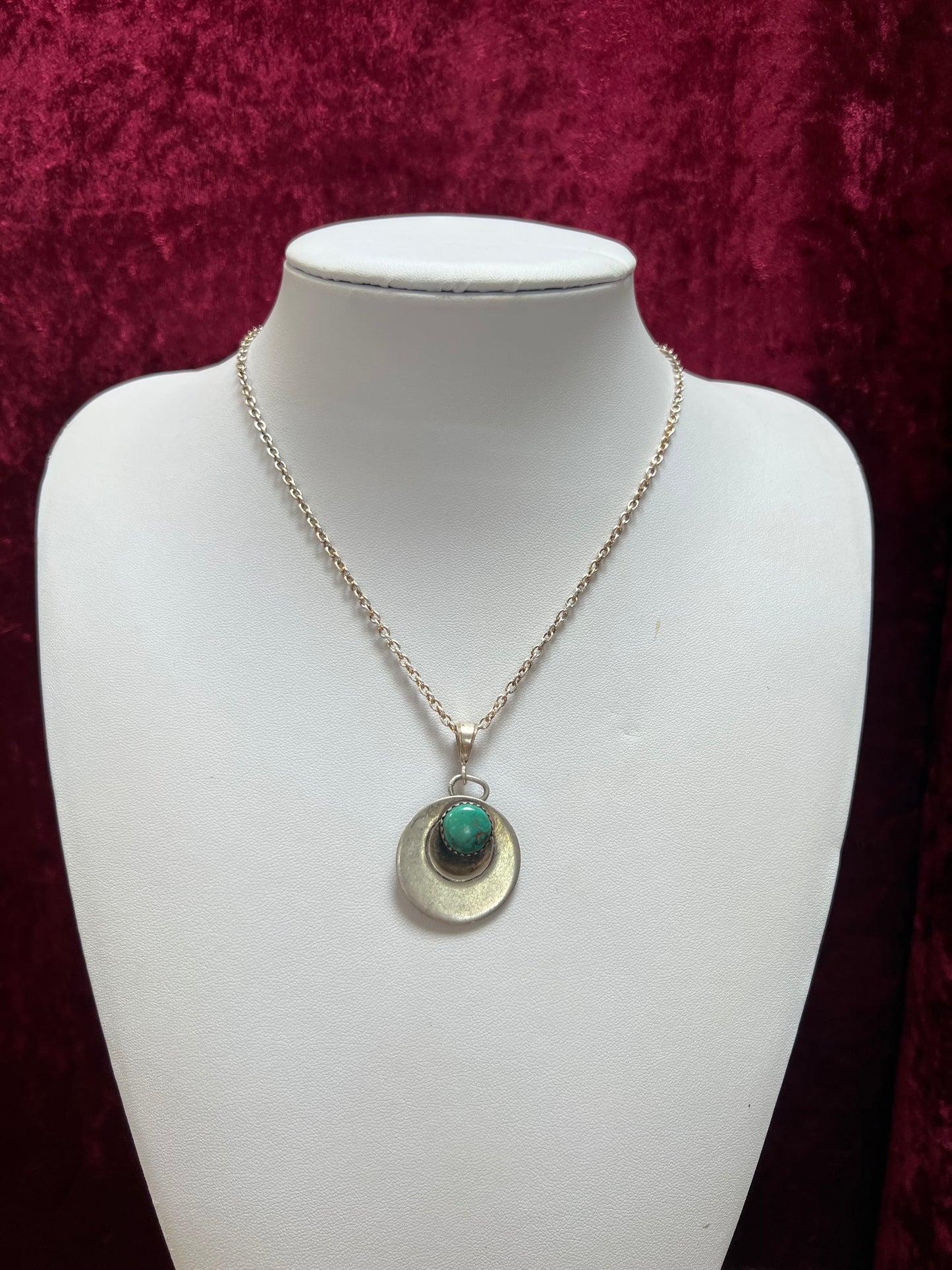 Vintage Jewelry - Necklace - 925 Silver Turquoise Saucer Pendant - 18”