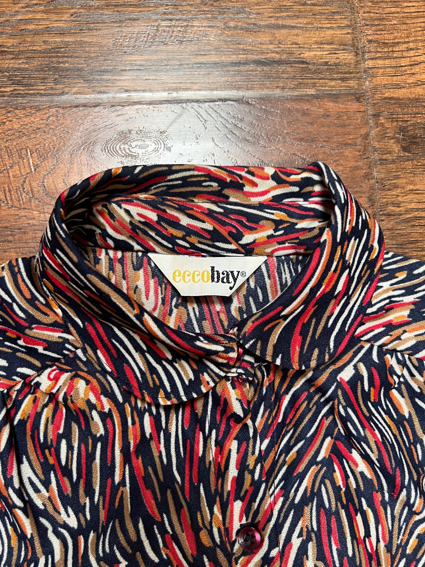 Vintage Clothing - Sheer Button Front Blouse - Abstract Paint Strokes Pattern - Ecco Bay - Medium