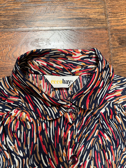 Vintage Clothing - Sheer Button Front Blouse - Abstract Paint Strokes Pattern - Ecco Bay - Medium