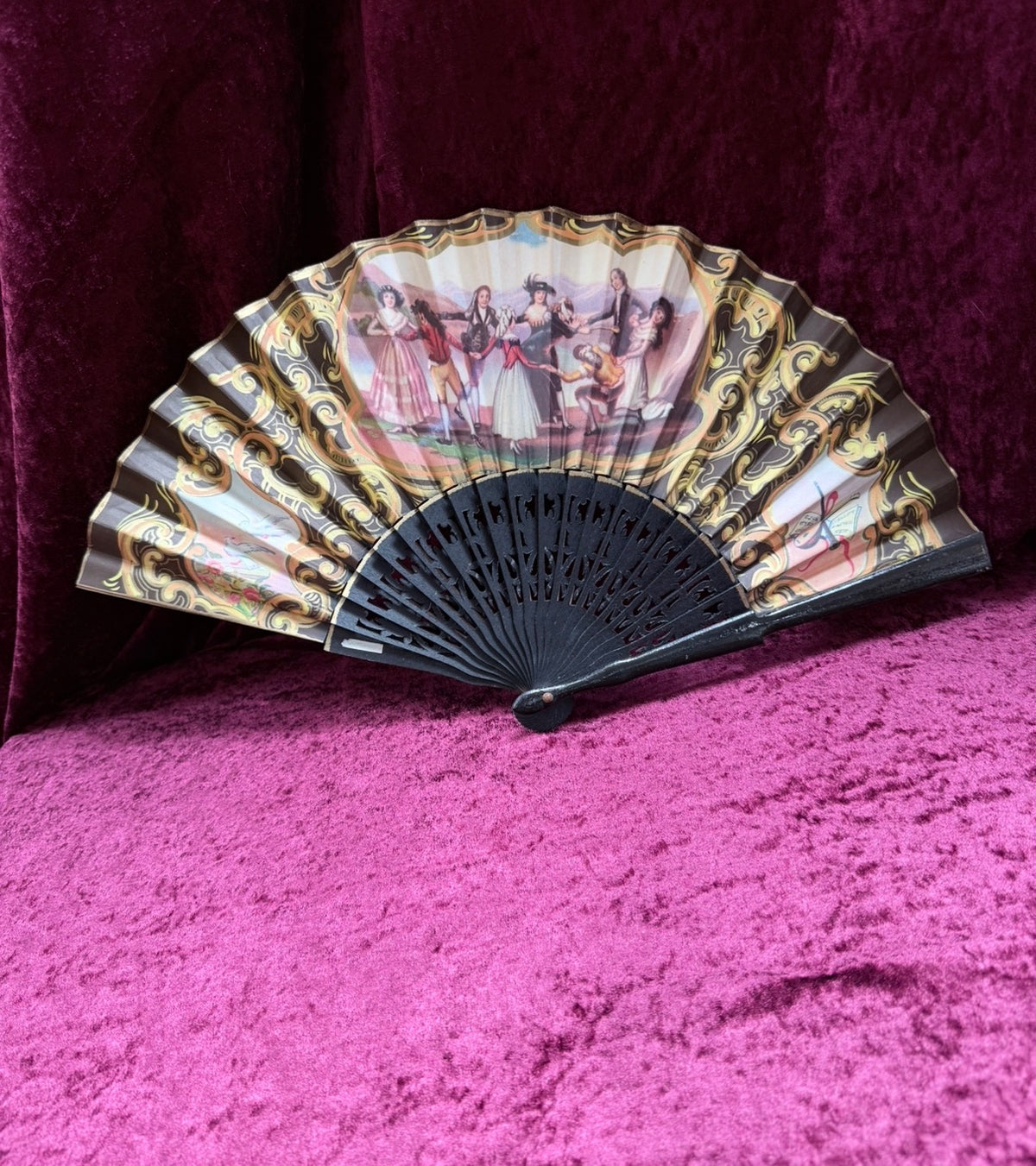 Vintage Mid Century Painted Wood Folding Fan – Double-Sided European Court Scenes