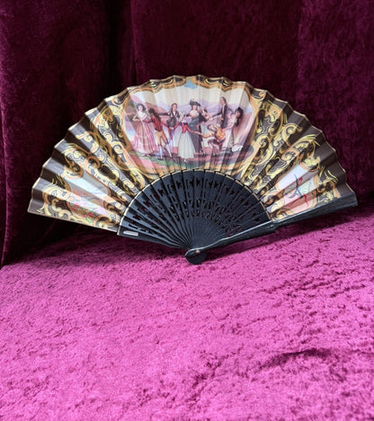 Vintage Mid Century Painted Wood Folding Fan – Double-Sided European Court Scenes