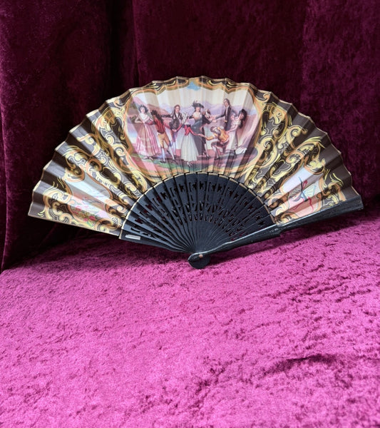 Vintage Mid Century Painted Wood Folding Fan – Double-Sided European Court Scenes