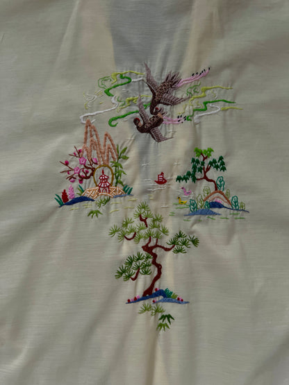 Vintage Jodie Arden Kimono Robe – Pale Yellow Embroidered Asian Garden Motif