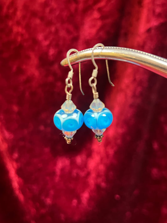 Vintage Jewelry - Drop Earrings - Blue Swirling Glass Art Beads
