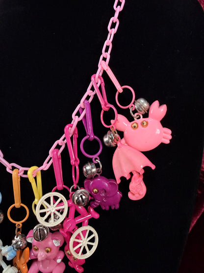 Vintage 1980s Plastic Chain Charm Necklace - 12 Bell / Googly Eyes Charms - Pink & Purple