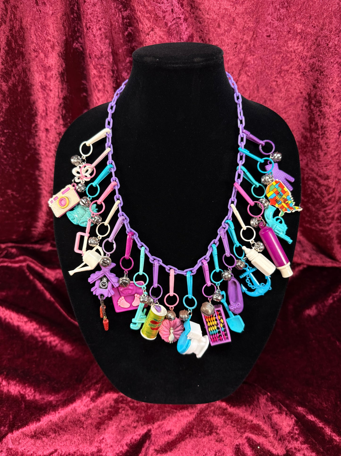 Vintage 1980s Plastic Chain Charm Necklace - 20 Bell Charms - Purple & Aqua Blue