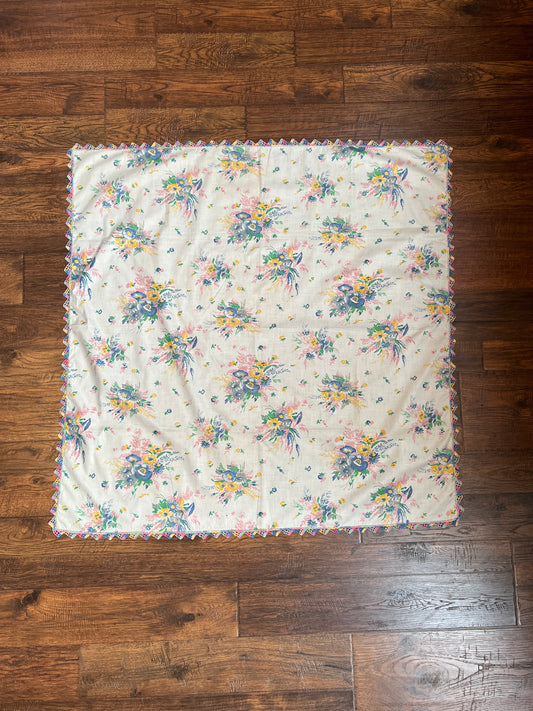 Vintage Linens - Square Tablecloth - Multicolor Flower Bouquets - Rainbow Crochet Edge - 36” X 36”