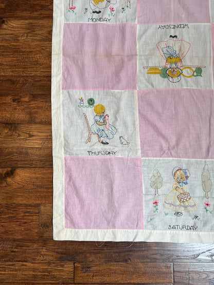 Vintage Linens - Patchwork Wall Hang / Quilt Topper - Days Of The Week in Pink