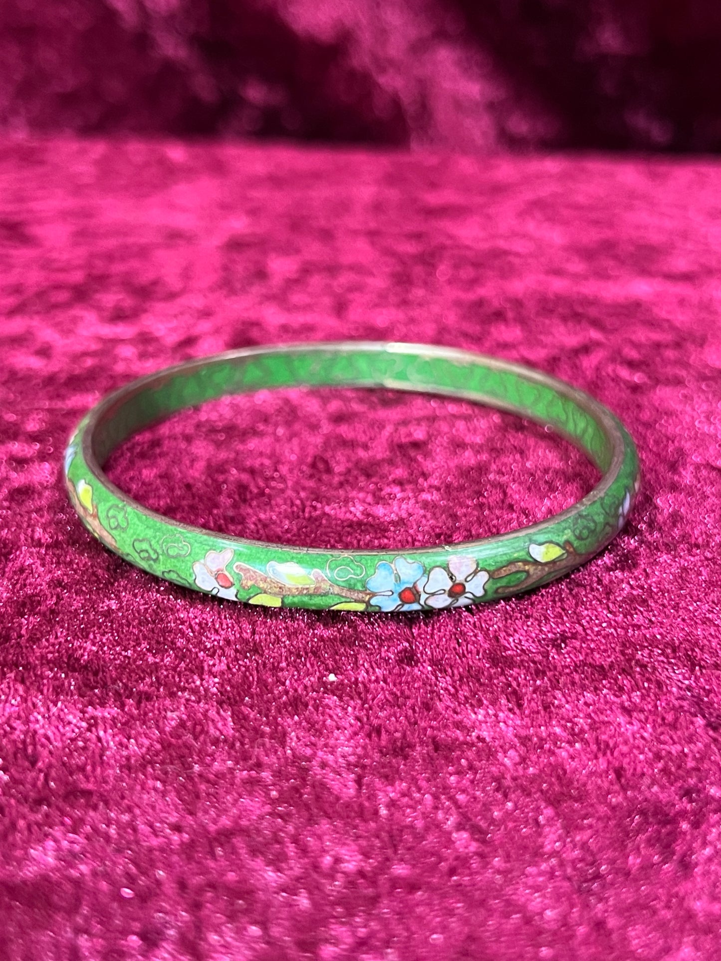 Vintage Jewelry - Cloisonne Bangle Bracelet - Pink and Blue Flowers on Green