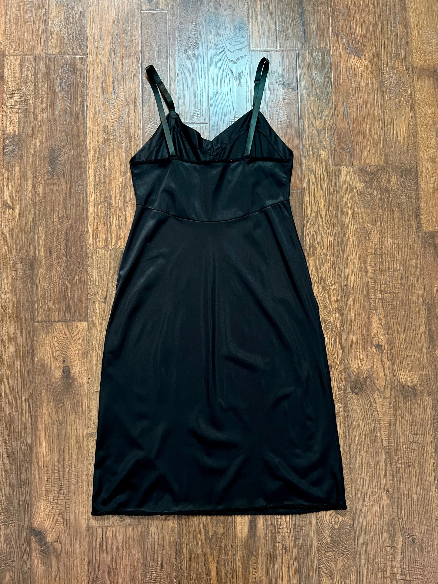 Vintage Nylon Spaghetti Strap Slip Dress - Black with Scalloped Embroidery - Mistra