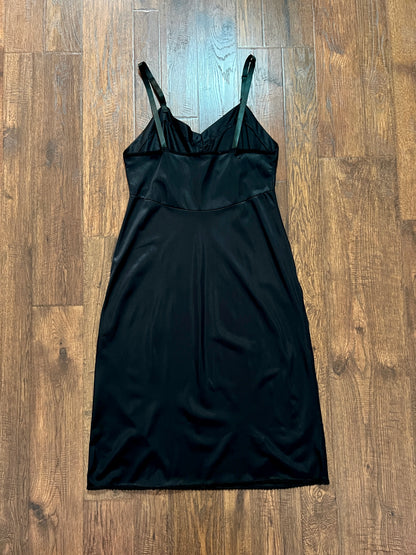 Vintage Nylon Spaghetti Strap Slip Dress - Black with Scalloped Embroidery - Mistra
