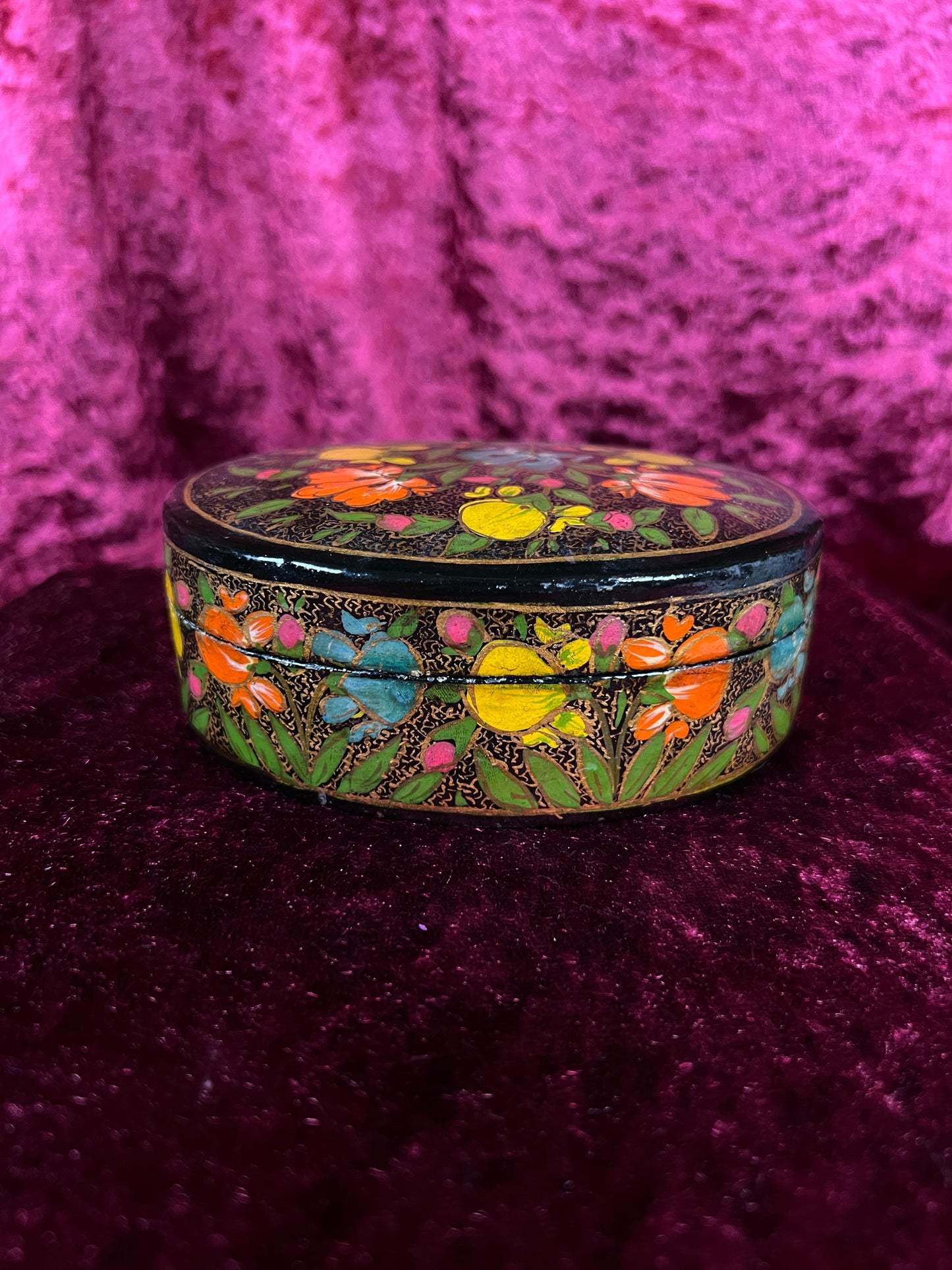 Vintage Papier Mache Trinket Box - Hand Painted Floral Kashmir Style
