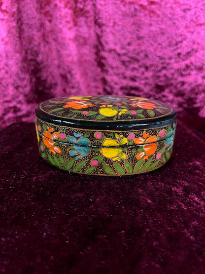 Vintage Papier Mache Trinket Box - Hand Painted Floral Kashmir Style