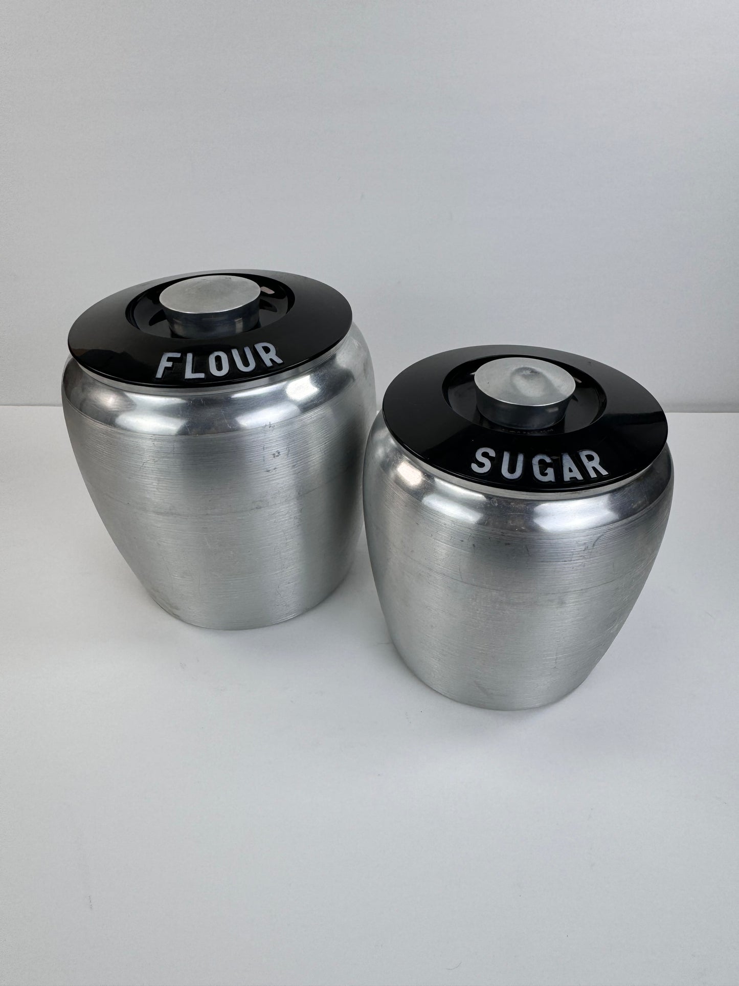 Vintage Kromex Aluminum Canister Set - Flour & Sugar - Black Lid