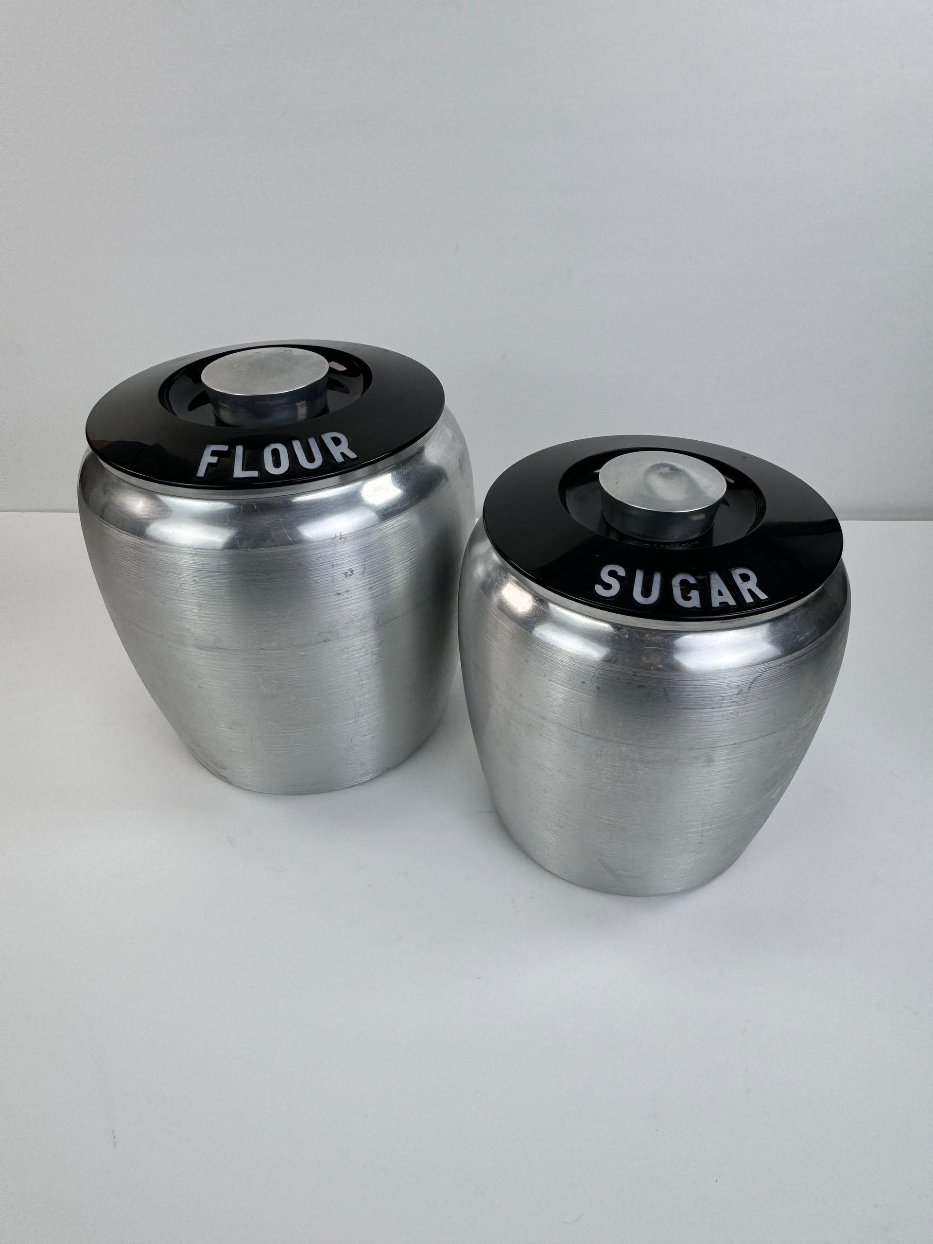 Vintage Kromex Aluminum Canister Set - Flour & Sugar - Black Lid 