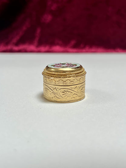 Vintage Trinket Box - Round Pill / Snuff Box - Italian Micro Mosaic - Lavender Floral - Leaf Design