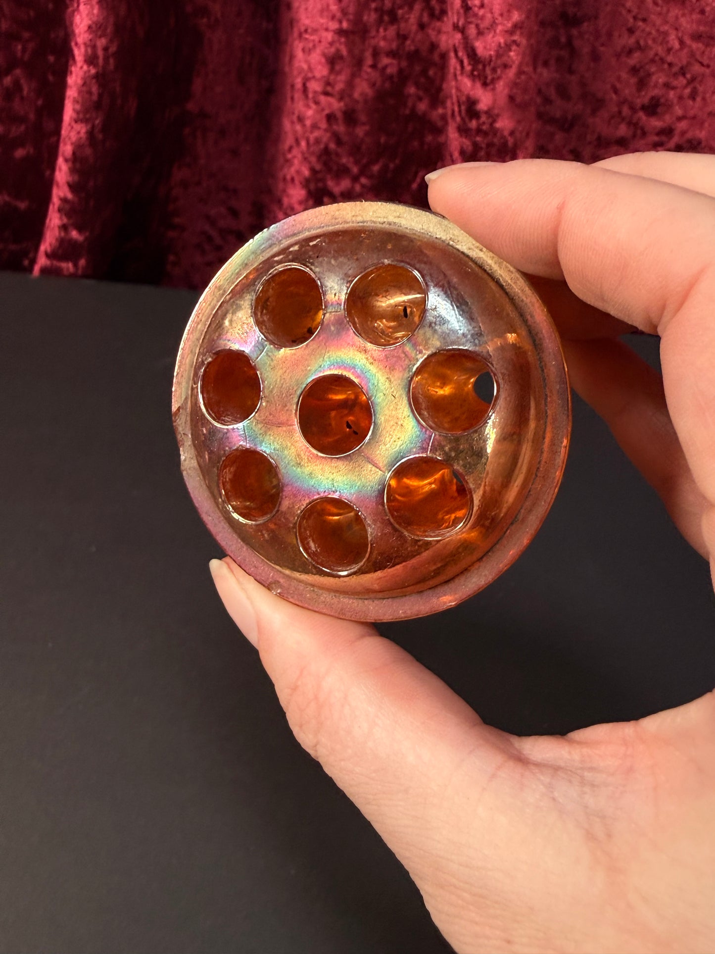 Vintage Carnival Glass Flower Frog – Marigold Iridescent Dome