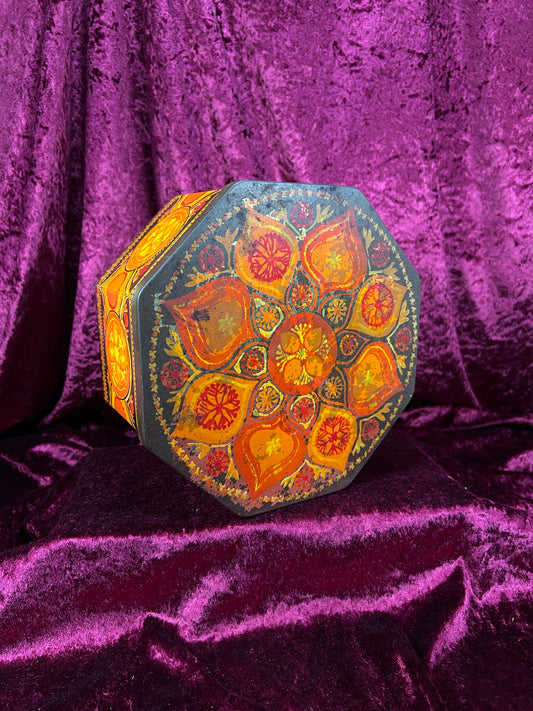Vintage 1970s Metal Tin Box - Hexagon Floral Orange Storage Container