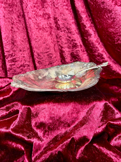 Vintage Kitchen - Curved Serving Dish with Spoon - Silver Metal  - Ornate Floral Edge