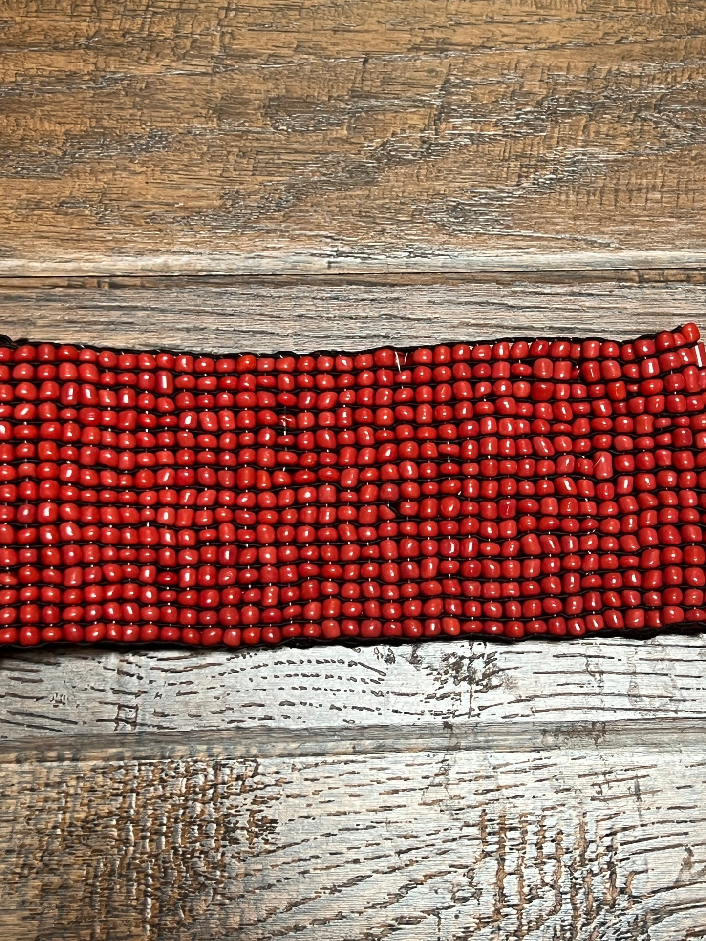 Vintage Style Accessories - Glass Seed Beaded Waist Belt with Wood Buckle - Red - 31.5"