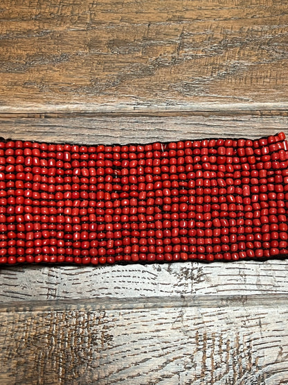Vintage Style Accessories - Glass Seed Beaded Waist Belt with Wood Buckle - Red - 31.5"