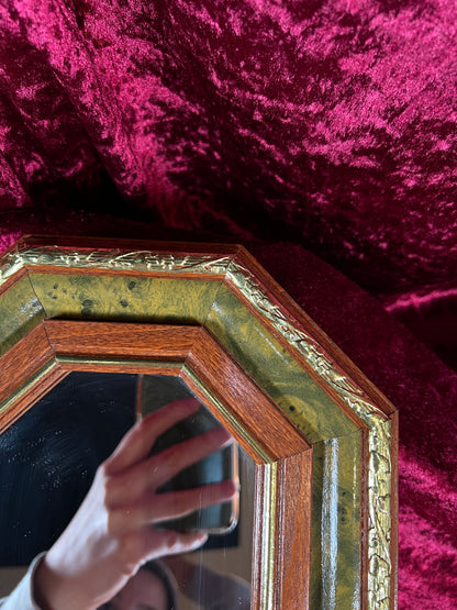 Vintage Wood Wall Mirror - Octagonal Faux Burlwood Accent Frame