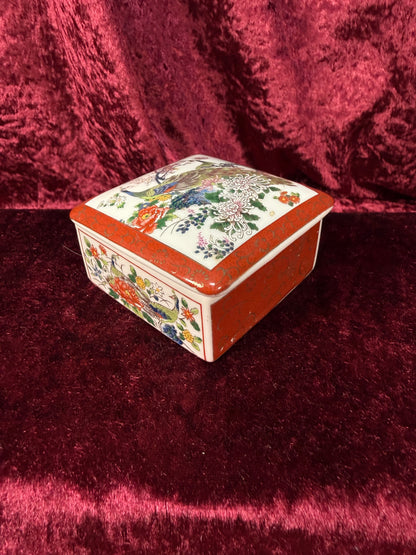 Vintage Ceramic Trinket Box – Peacocks In The Flower Garden - Lidded - Made In Japan