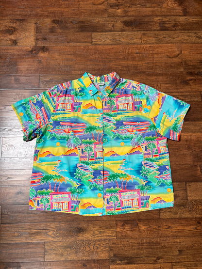 Vintage Clothing - Short Sleeve Hawaiian Shirt - Colorful Sea View Cafe Novelty Print - All Hours - 2X-Large