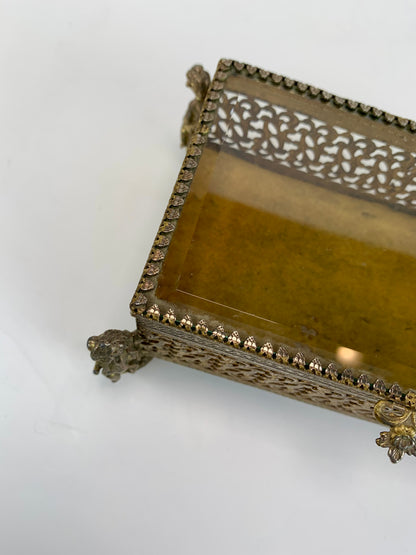 Vintage Jewelry Casket - Ormolu Felt Lined Box with Beveled Glass - Cherub Feet