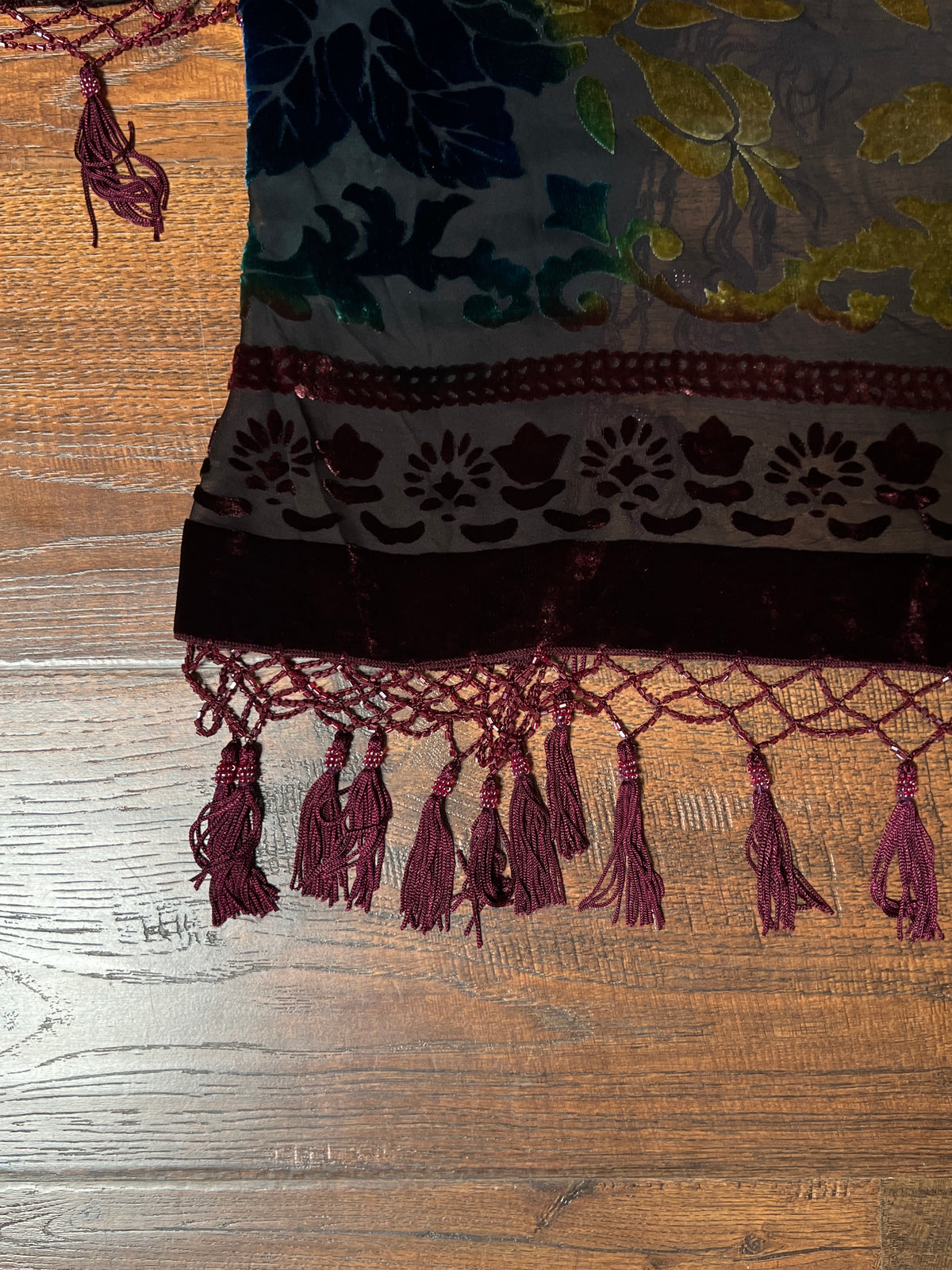 Vintage Velvet Burnout Shawl - Jewel Tone Floral Beaded Fringe Wrap - Size Small