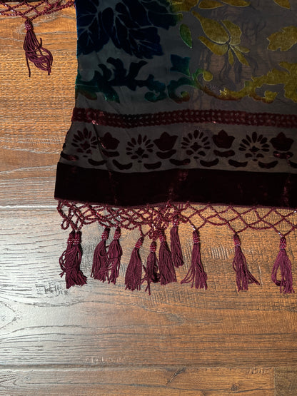 Vintage Velvet Burnout Shawl - Jewel Tone Floral Beaded Fringe Wrap - Size Small