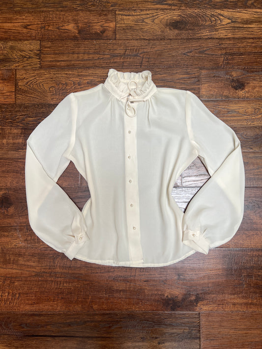 Vintage Clothing - Semi-Sheer Button Front Blouse - Frilly Collar - Cream - Small