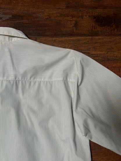Vintage Koret Francisca Cotton Blend Blouse – Green Pinstripe Floral Embroidery – Medium