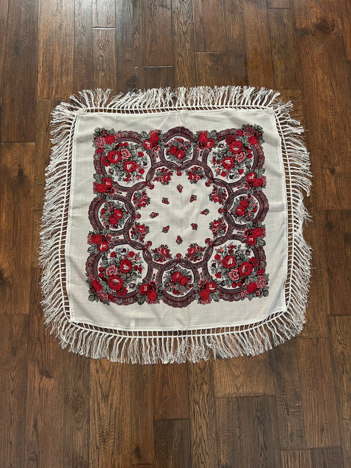 Vintage Kashmir Woole Floral Fringe Scarf - White Rose Square Wrap Bohemian Style